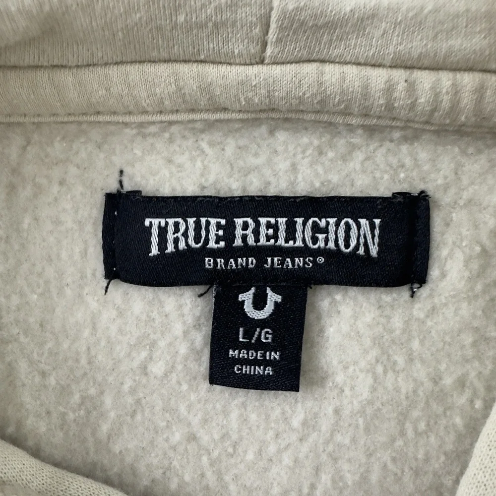 True Religion Men's Buddha Zip Hoodie Beige Full Zip L Graphic Fleece Lined‎